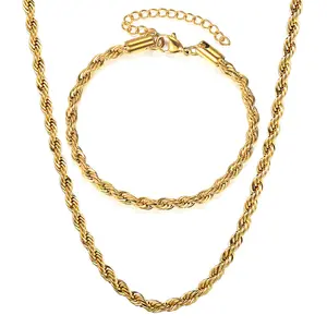 Gold Color Twisted Rope Jewelry Set 3mm 7-30 inch Bracelet Necklace Summer Jewelry for Men Women
