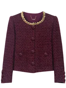 Women's Contrast Sequin Tweed Jacket Coats, Elegant Chic Fashion Round Neck Button Front Outerwear for Daily Outdoor Wear, Women Clothing for Spring Fall