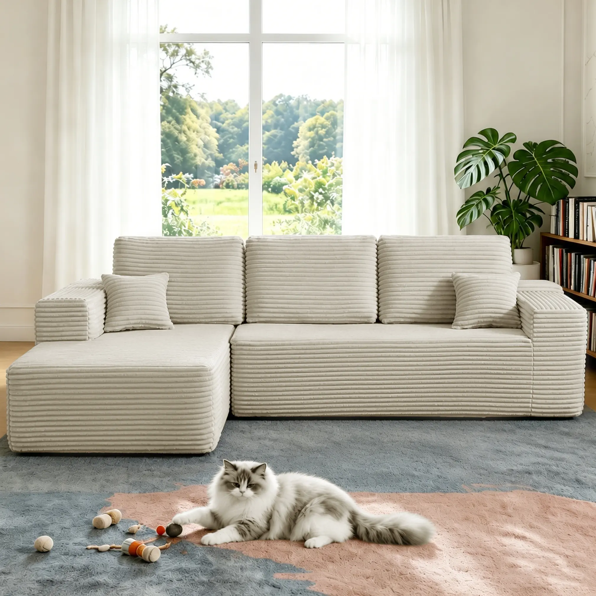 105'' Beige Chenille L-Shaped Chaise Cloud Modular Sectional Sofa - Sponge Cushioned Comfy Couch, Deep Seats Plush Upholstered Furniture with Side Pockets, Fully Assembled Space Saving for Small Apartment Living Room, Minimalist