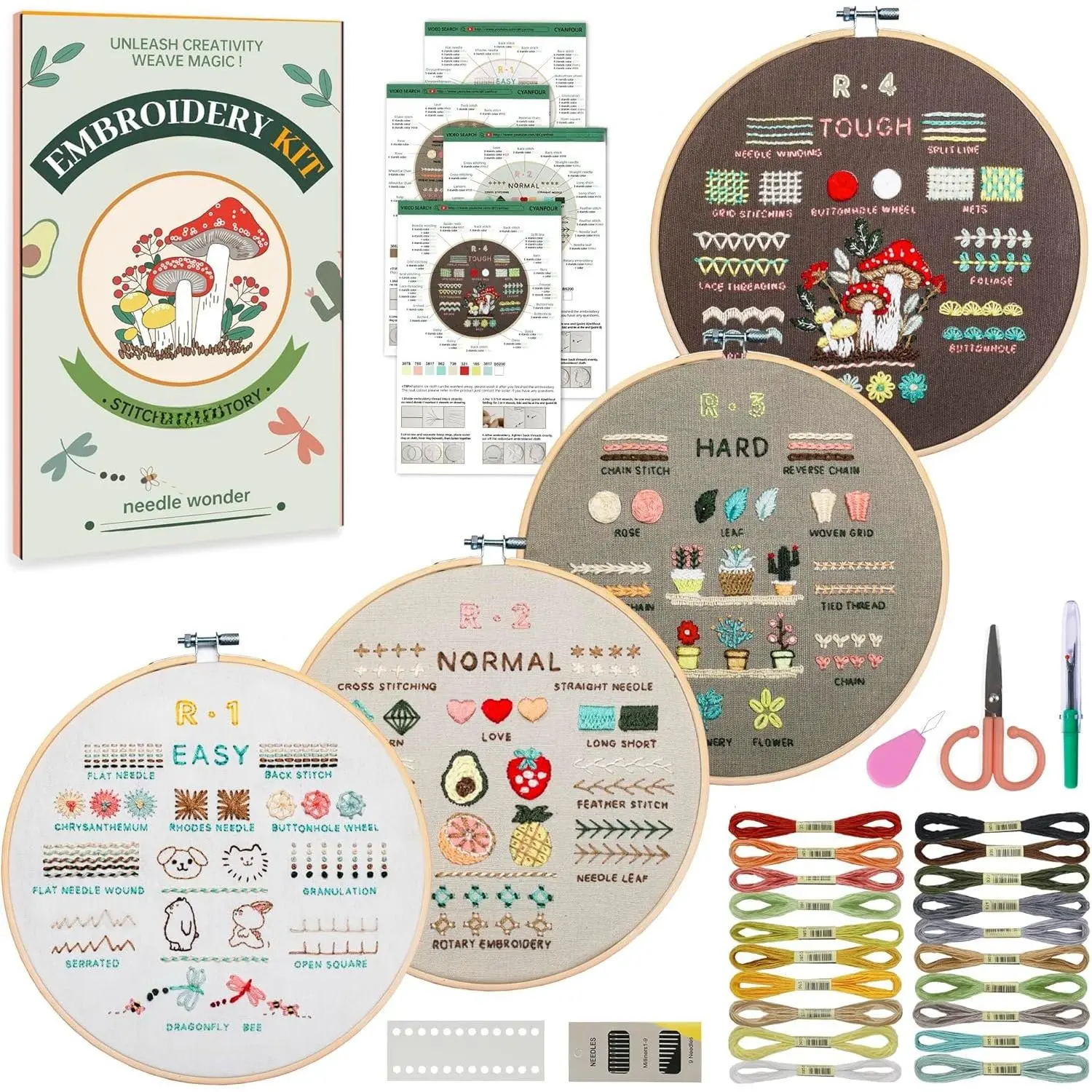 Embroidery Kit for Beginners, 4 Stages to Learn 38 Stitches, with Step-By-Step Instructions and Clear Videos, Includes Multiple Accessories,  for Craft Lovers.
