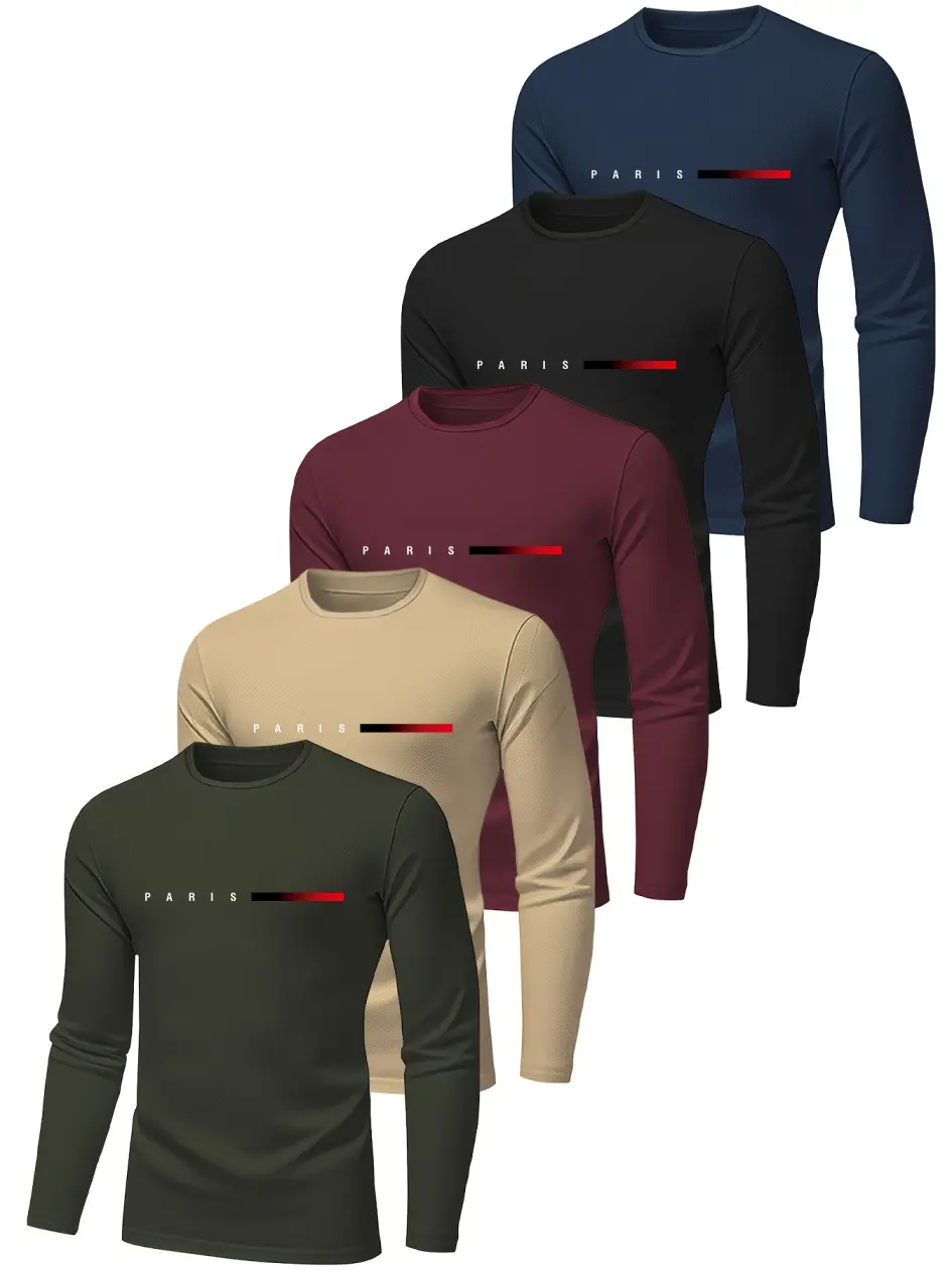 MTTYYD 5-Pack Men’s Breathable Polyester Long Sleeve T-Shirts Paris-Inspired Printed Design Regular Fit All Season Casual Daily Wear Tops Multipack Fabric Fabric Fabric