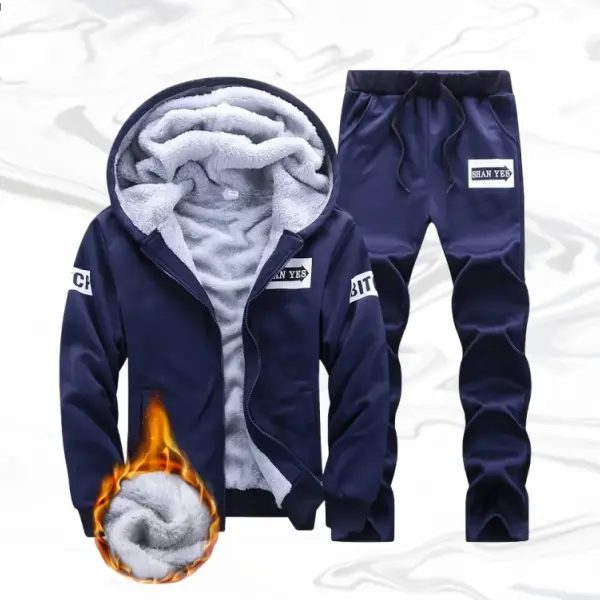 Men's 2-Piece Fitted Fleece-Lined Tracksuit, Stylish Street Style Set with Hooded Design and Personalized Patches, Long Sleeve, Letter Print