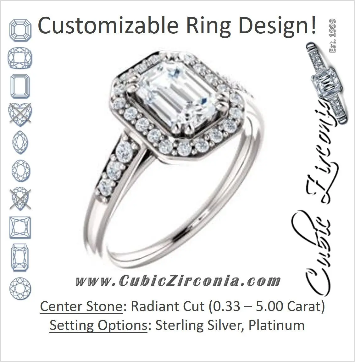Cubic Zirconia Engagement Ring- The Julie Madison (Customizable Radiant Cut Style with Halo and Round Cut Journey-Style Band Accents)