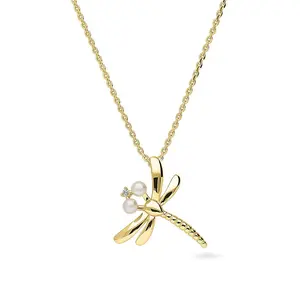 Dragonfly Button Cultured Pearl Necklace in Sterling Silver