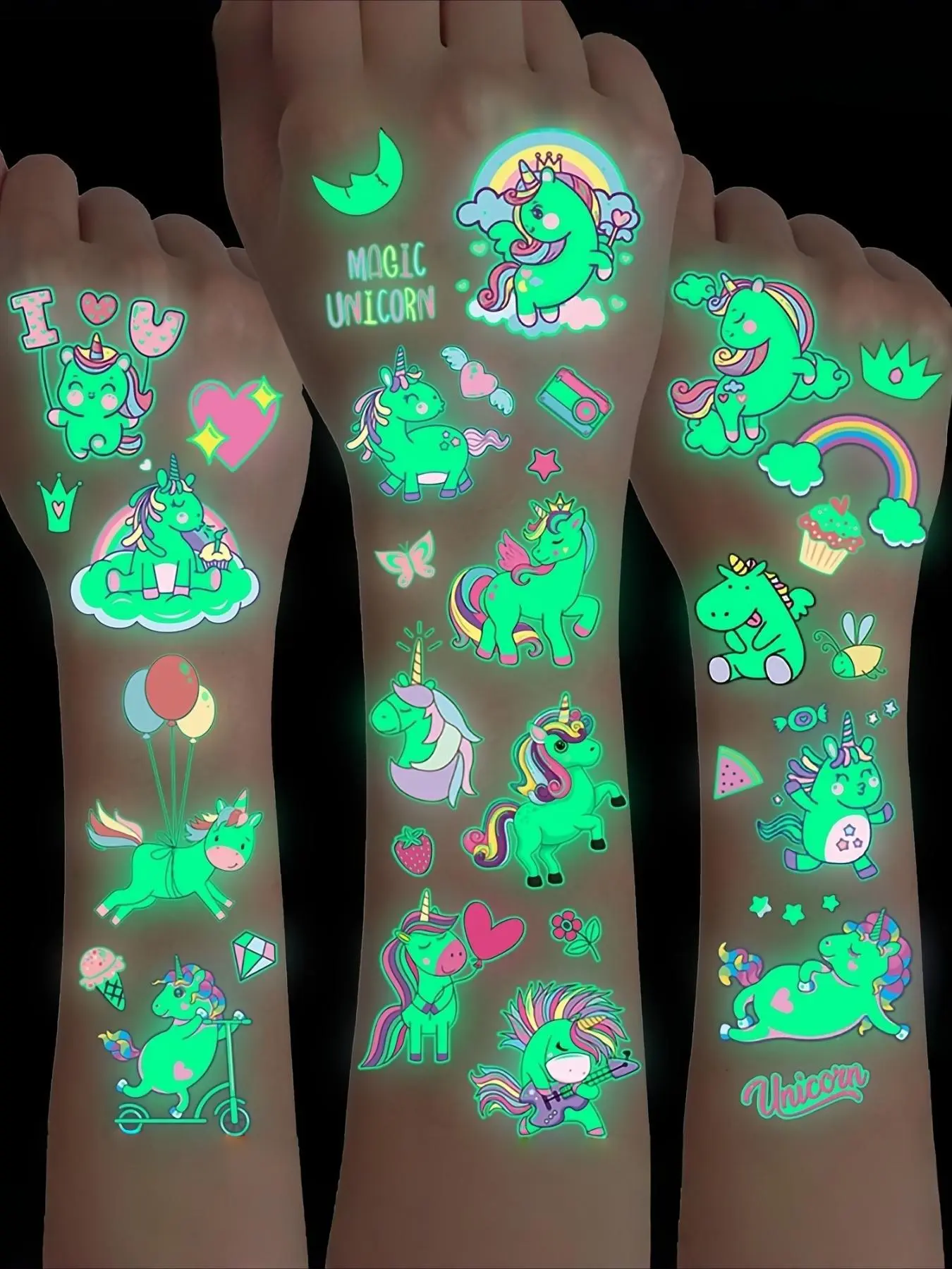 15-Pack Luminous Unicorn Magic Temporary Tattoos, Glow in the Dark Waterproof Fake Tattoo Stickers, Cute Oblong Shape Fun Shapes for Girls & Boys, Fun Birthday Party Favors & Gifts