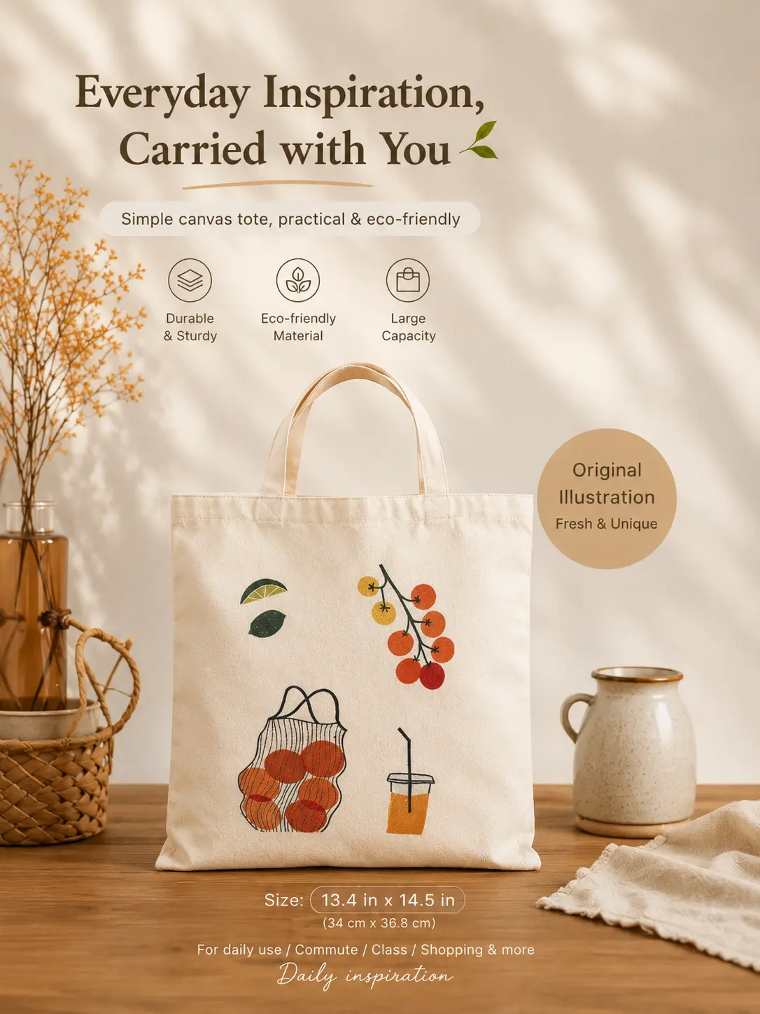 Women's Fruit Market-Inspired Artwork Canvas Tote Bag - Reusable, Eco-Friendly, Lightweight, Minimalist, Double Handle, Casual Outings, Farmers Markets, Back to School Grocery Daily Errands Bag, Chic