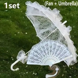 Bridal Wedding Decoration Set, Lace Umbrella and Plastic Fan, Christmas, European Style, European Design, Outdoor Wedding Props, Best Gift, Photography Props