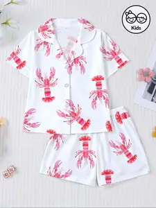 Cartoon Print Kids Pajama Set, Fitted Short Sleeve Top & Elastic Shorts, Casual All-Season Sleepwear for Boys & Girls, Pajamas