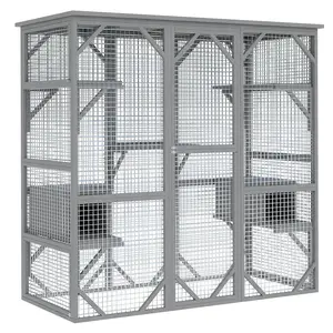 Extra Large Walk-in Cedar Wood Catio for Window, Weatherproof with 5 Doors, 7 Jumping Perches & 2 Rest Boxes, for 2-3 Cats