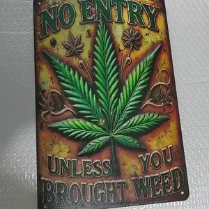 Vintage Marijuana Leaf Pattern Metal-Sign, Rustic Design, 1 Count No Entry Unless You Brought Weed Sign, Decorative Plaque for Home Yard Porch, Home Decor