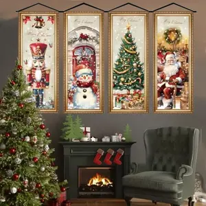 4 Piece Christmas Banner Set, Porch Sign Holiday Decoration, Vintage Hanging Banners, Santa Tree Snowman Nutcracker Outdoor Indoor Party Supplies