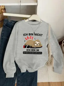 Lazy Sloth Print Round Neck Sweatshirt, Casual Fitted Graphic Pullover for Spring & Fall, Eye-Catching Streetwear for Men