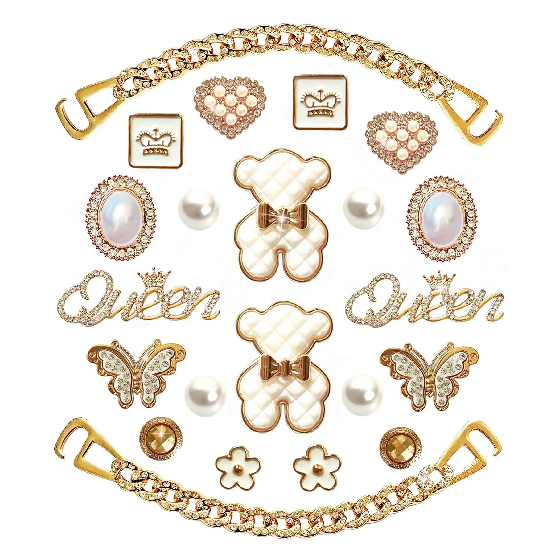 Rhinestone Bling Golden Chain Shoe Charms DIY Clog Sandal Decor Women Girly Party Favor Accessories 20pcs Resin Charms & 2 Chains