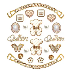 Rhinestone Bling Golden Chain Shoe Charms DIY Clog Sandal Decor Women Girly Party Favor Accessories 20pcs Resin Charms & 2 Chains