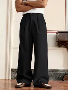 Men's Casual Flat Front Pants, Comfortable Wide Leg Trousers, Flexible Fit, Ideal for Leisure and Daily Use, High Waist Button Fly