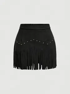 Women's Vintage Chic Hippie Rivet Fringe Faux Leather A-Line Skirt, Retro Style, Casual Fashion, All Seasons Wear
