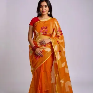 Elegant Muslin Silk Traditional Dress Saree for Women Party Wear - Orange Floral Design