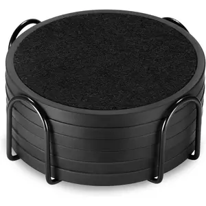 6 Packs Absorbent Coasters for Drinks with Holder, Silicone Coaster with Soft Felt Insert, Black