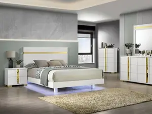 Lilliestrom FM7217WH-4PC 4 pc White High Gloss Finish Wood Gold Accents Queen Bedroom Set with LED Lights Modern Design