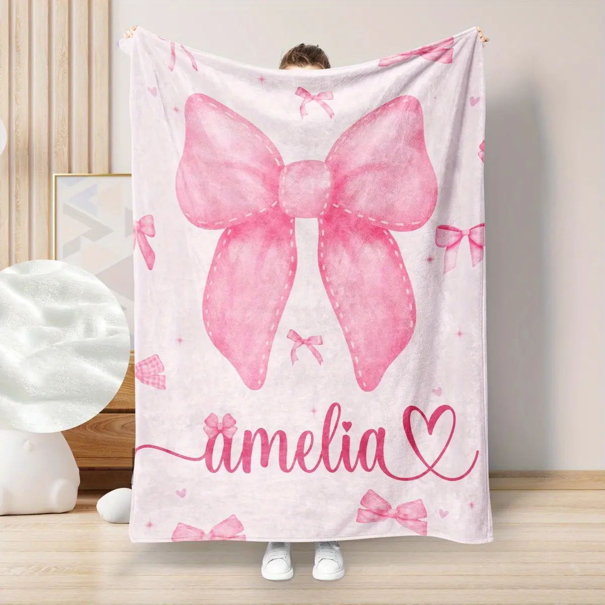 Personalized Pink Bow Throw Blanket, Custom Name Watercolor Coquette Themed Cozy Blanket, Soft Fluffy Lightweight Blanket for Girls, Anti-Pilling Washable Decorative Blanket