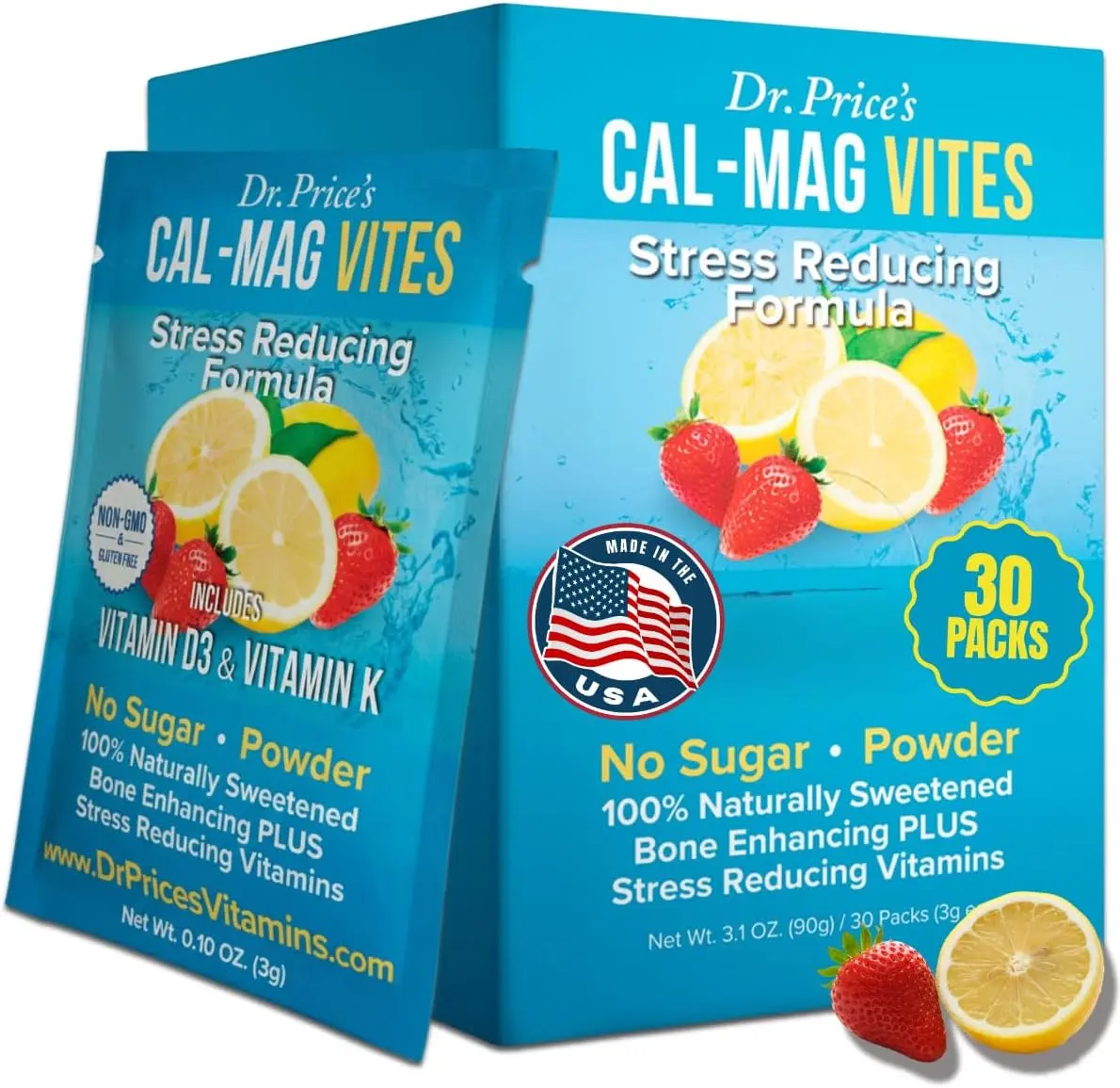 Dr. Price's Vitamins Cal Mag Supplement Powder, Strawberry Lemon, 30 Pack | Calcium Magnesium Supplement, Vitamin D3, K2 & Boron, Bone & Muscle Support, Sugar Free, Made in USA, Doctor-Formulated