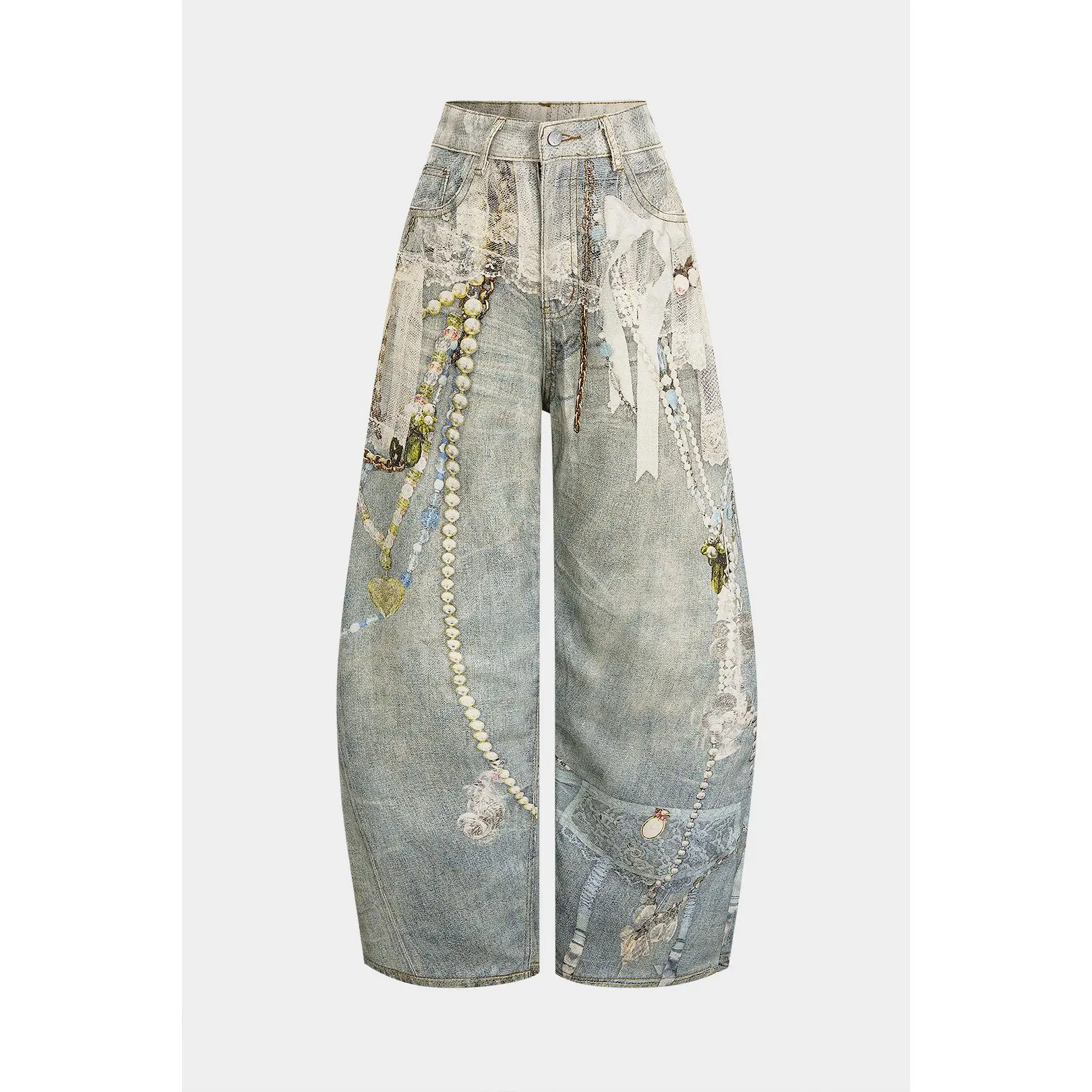 Women's Low-Waist Wide-Leg Jeans Style Abstract Print Pants - Cotton Blend with 14.5% Viscose, Loose-Fitting Casual Daily Wear Bottoms