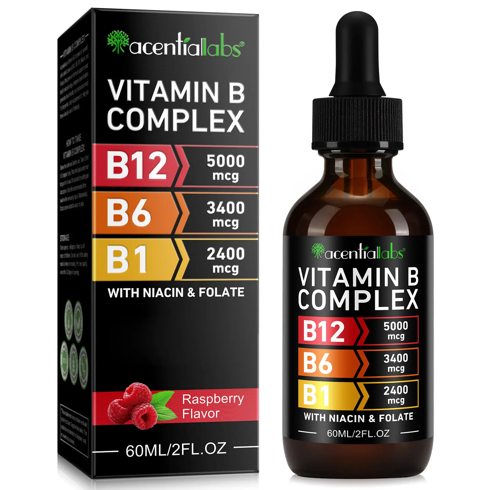 Acentiallabs  Vitamin B-Complex with B12, B6, B1, Niacin, and Folat -B Complex Liquid Drops For Women & Men, Supplement 2fl oz, Summervibes