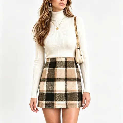 IDEALSANXUN Women's High-Waist Checkered Bodycon Woolen Mini Skirt - Trendy Retro Above-Knee Fabric Bottom with Cute Zipper Closure, Preppy Chic Fit for Holiday, Business Casual Winter Womenswear