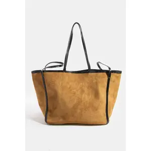 Women's Fame Suede Tote with Faux Leather Trim and Polyester Shoulder Strap