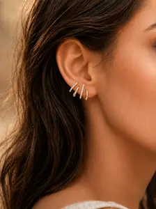 Women's 4-Prong Gold-Tone Pavé Ear Crawler Earrings - Diamond-Like Sparkle, Instant Ear Stack Look, Minimalist Summer Costume Jewelry Gift