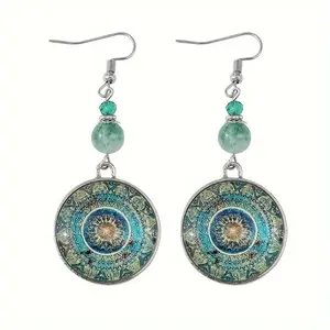 1 pair of vintage mandala flower Time gemstone earrings, long green pendant earrings in women's ethnic style
