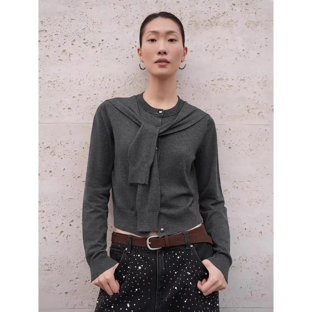 URBAN REVIVO 2026 Spring New Chic Women's Tie-Detail Crew Neck Short Sleeve Cropped Plaid Acrylic Knitwear Cardigan (UWM960005) - Bow-Cinched, Multi-Size (Incl XXS) Casual Top