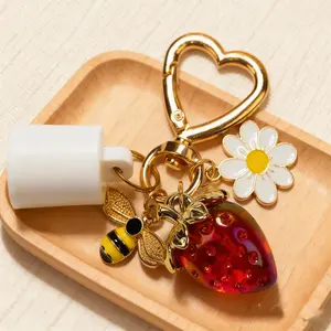 Strawberry Daisy Bee Lip Gloss Holder Keychain for Summer Fridays 0.5oz | Gold Heart Hook Leak-Proof Protective Cap Bag Charm | Cute Gift for Beauty Lovers & Trendy Girls