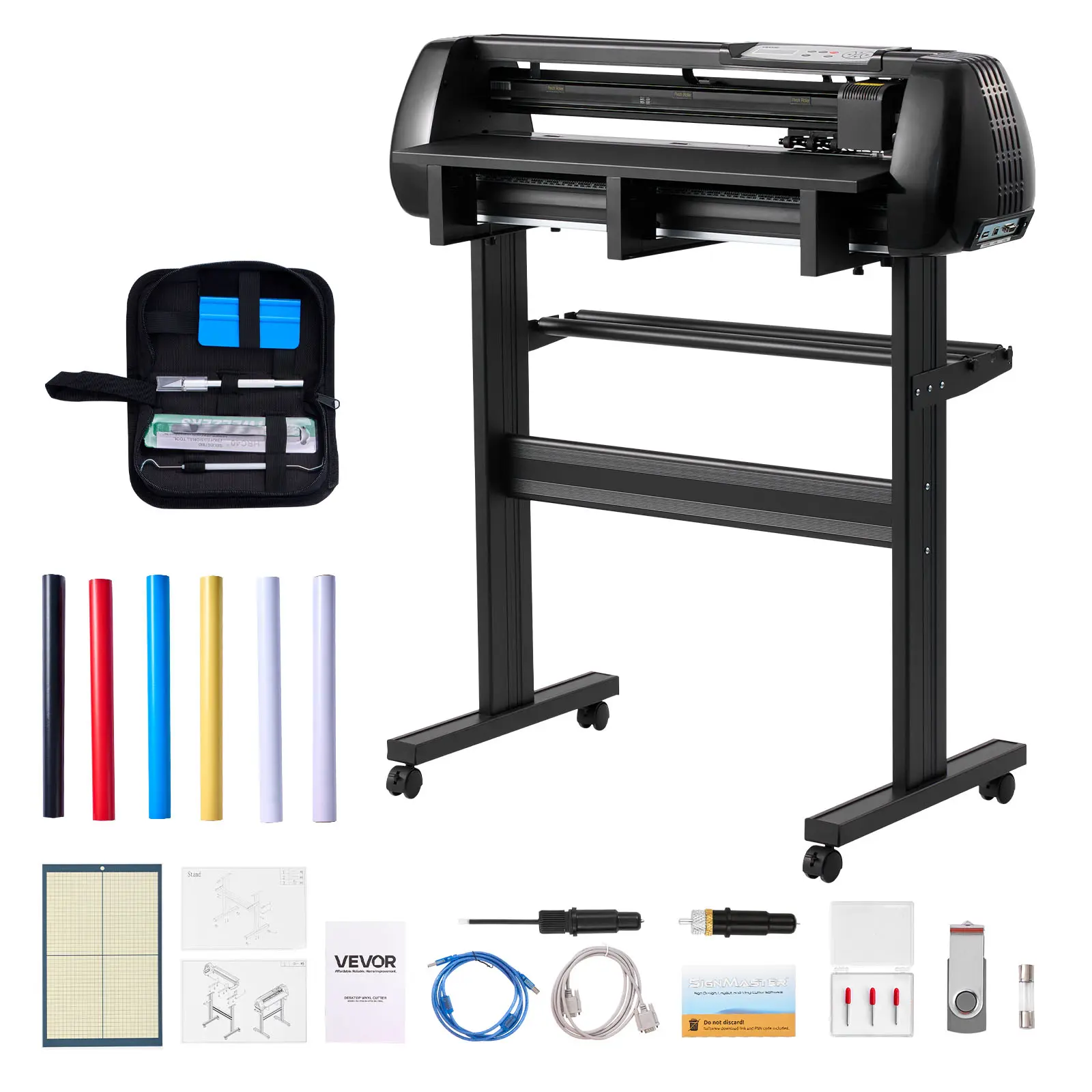 【Summerfinds】VEVOR Vinyl Cutter Machine, 28 inch Max Feed Width, Dual Blades, Adjustable Force and Speed, LED Display, Vinyl Plotter Cutter Printer Bundle with Sticker Sheets, Transfer Film, Signmaster Software