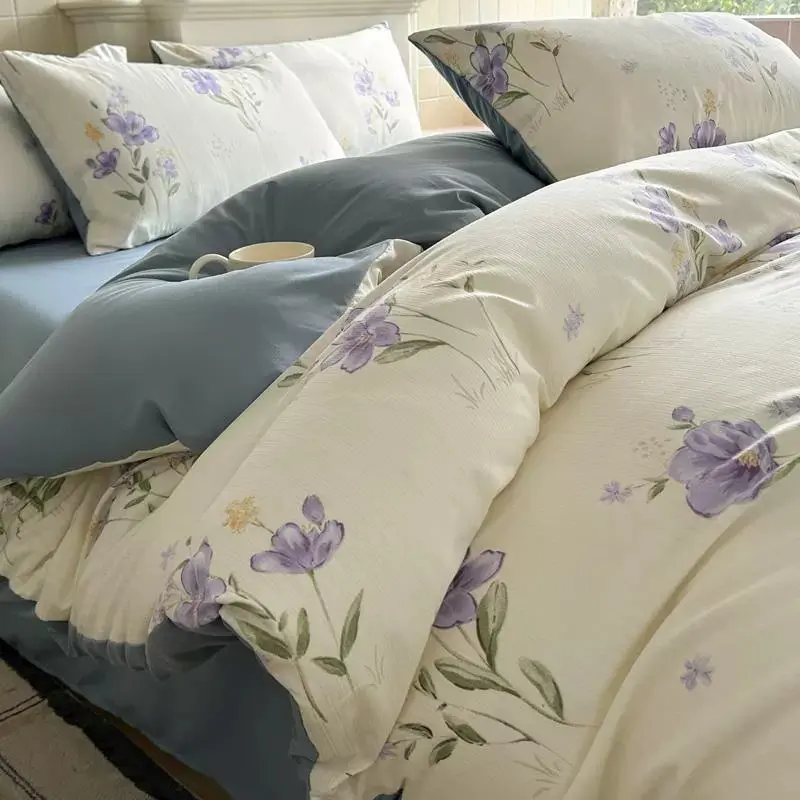 Cottagecore Floral Cartoon 3-Piece Bedding Set, Soft Pastel Aesthetic Bed Set for Girls Bedroom Decor, No Padding, Size Chart Included