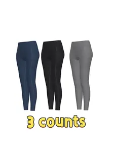 Women's Solid High Waist Pocket Sports Leggings, Sporty Comfy Breathable Skinny Pants for Yoga Gym Workout, Ladies Sportswear for All Seasons, High Waisted Leggings