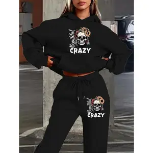 New Skull Letter Print Women's Hoodie Pants Set, Casual Loose-Fit Long Sleeve Top with Hat, All Seasons Fashion
