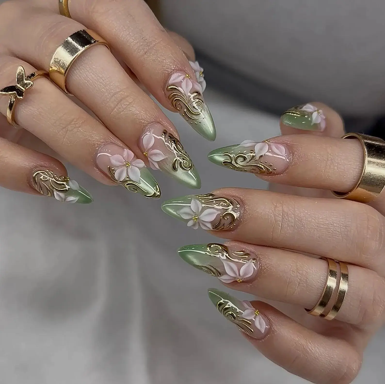Nails By Helen | Sage Green Stiletto Press On Nails | 3D White Flower Gold Swirl French Tip Fairycore Wedding