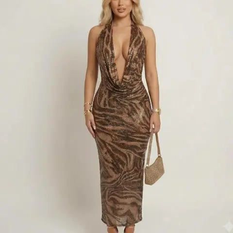 ChicCurve Women's Sexy Leopard Print Halter Neck Bodycon Maxi Dress, Deep V-Neck Backless Party Evening Dress