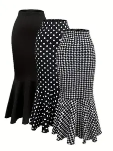 Women's Fitted Slim Polka Dot & Houndstooth Print Skirt, Chic Elegant Aesthetic Casual Fashion Skirt for Daily Outdoor Wear, Ladies Bottoms for All Seasons, Womenswear