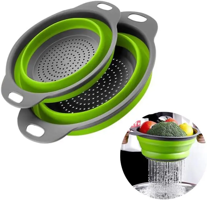 2-Pack Collapsible Colander Set – Foldable Kitchen Strainers with Handles and Base for Pasta, Fruits & Vegetables
