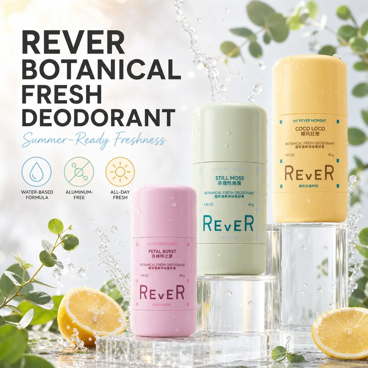 【NEW ARRIVAL】REVER Botanical Fresh Deodorant Stick 40g | REVER Water-Based Aluminum-Free Deodorant | No Baking Soda No Alcohol | Zinc Ricinoleate + 7 Plant Extracts Odor Control | 8D Hyaluronic Acid Sensitive Skin Safe
