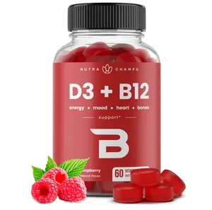Vitamin D3 & B12, Methyl B12 Gummies for Adults & Kids, Enhanced with Vitamin D 3 & B9 Vitamin Folate, Natural Energy, Mood, Metabolism & Focus, Raspberry, 60 Gummies