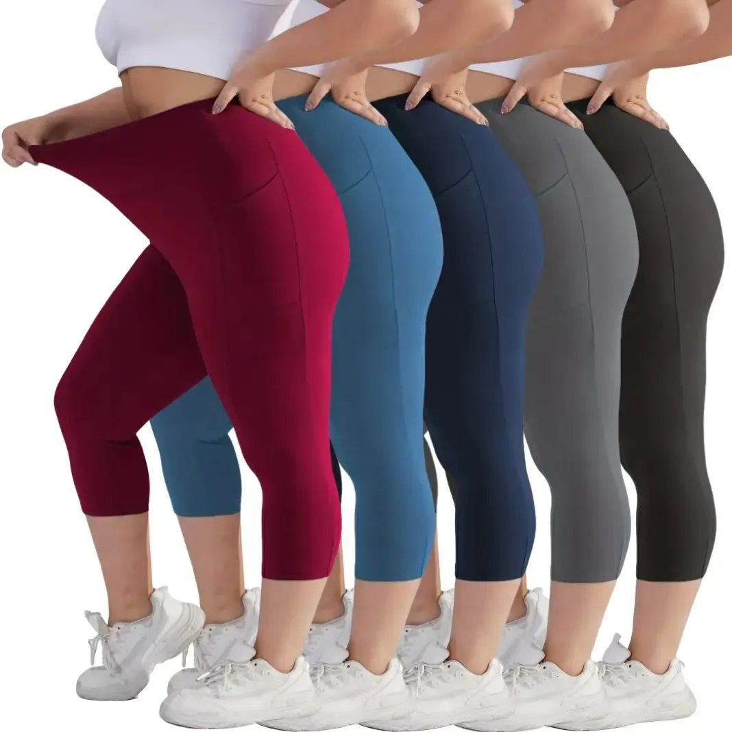 High Waist Capri Leggings for Curvy Women Plus Size, 5-Pack Soft 4-Way Stretch Female Activewear Bottoms with Pockets for Yoga & Running, High Waist Leggings, Work, Basics, Polyester Blend