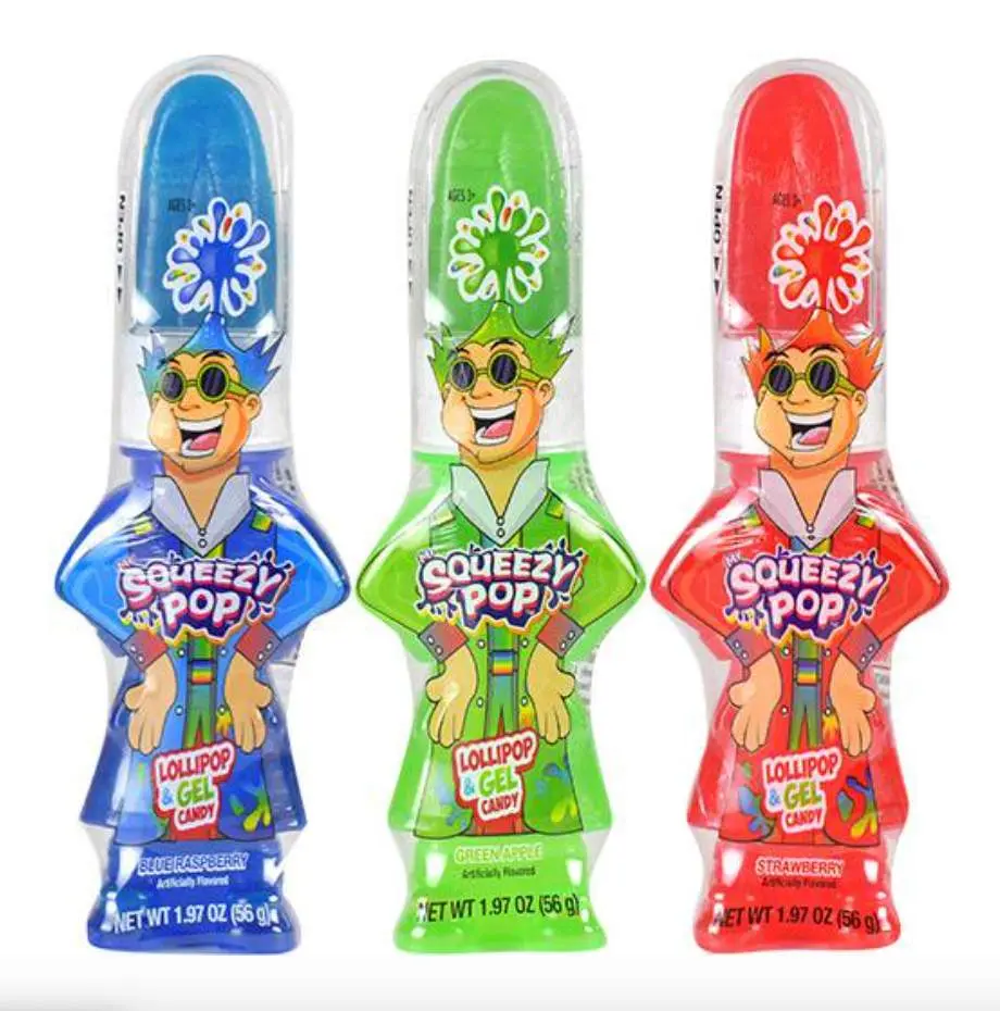Mr. Squeezy Pop - Sweet Fruity Flavors Lollipop in a Squeezable Bottle Shape in Green Apple, Strawberry and Blue Raspberry Flavors - 12 Count Pack