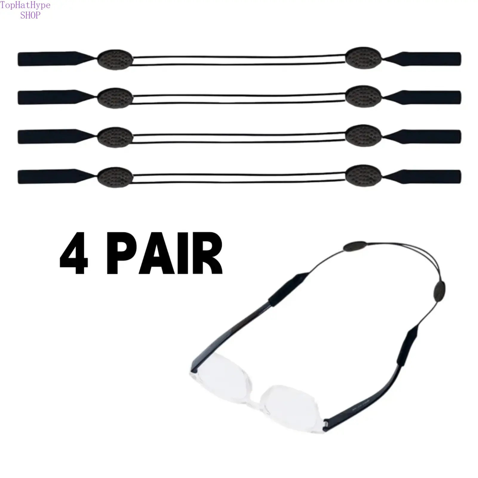 Eyeglass Strap Holders, Set of 4 Flexible Plastic Retainers for Women & Men - Solid Black with an Adjustable No-slip Grip, Quick Drying, Running/Sports, Set Of Four, Secure And Comfortable Hold