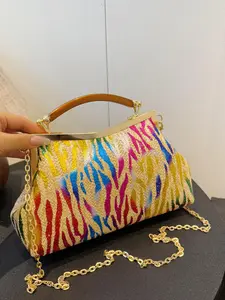Women's Fashionable Zebra Stripe Pattern Straw Handbag, Casual Versatile Shoulder Bag for Daily Used, Trendy All-match Commuter Bag, Crossbody Chain Bag, Daily Commuting Bag, Stylish Handbag