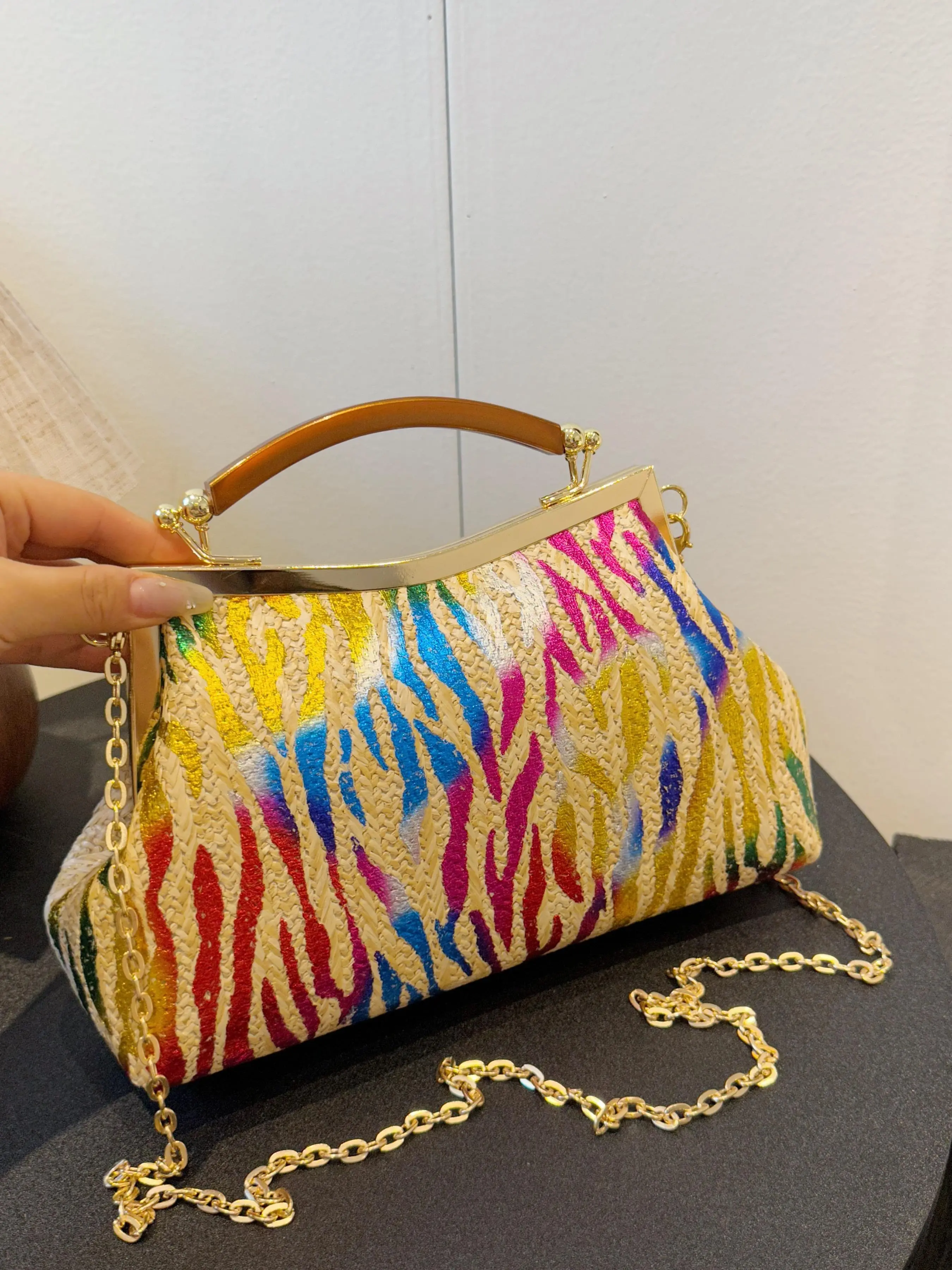 Women's Fashionable Zebra Stripe Pattern Straw Handbag, Casual Versatile Shoulder Bag for Daily Used, Trendy All-match Commuter Bag, Crossbody Chain Bag, Daily Commuting Bag, Stylish Handbag, Fashionable Patterned Bag