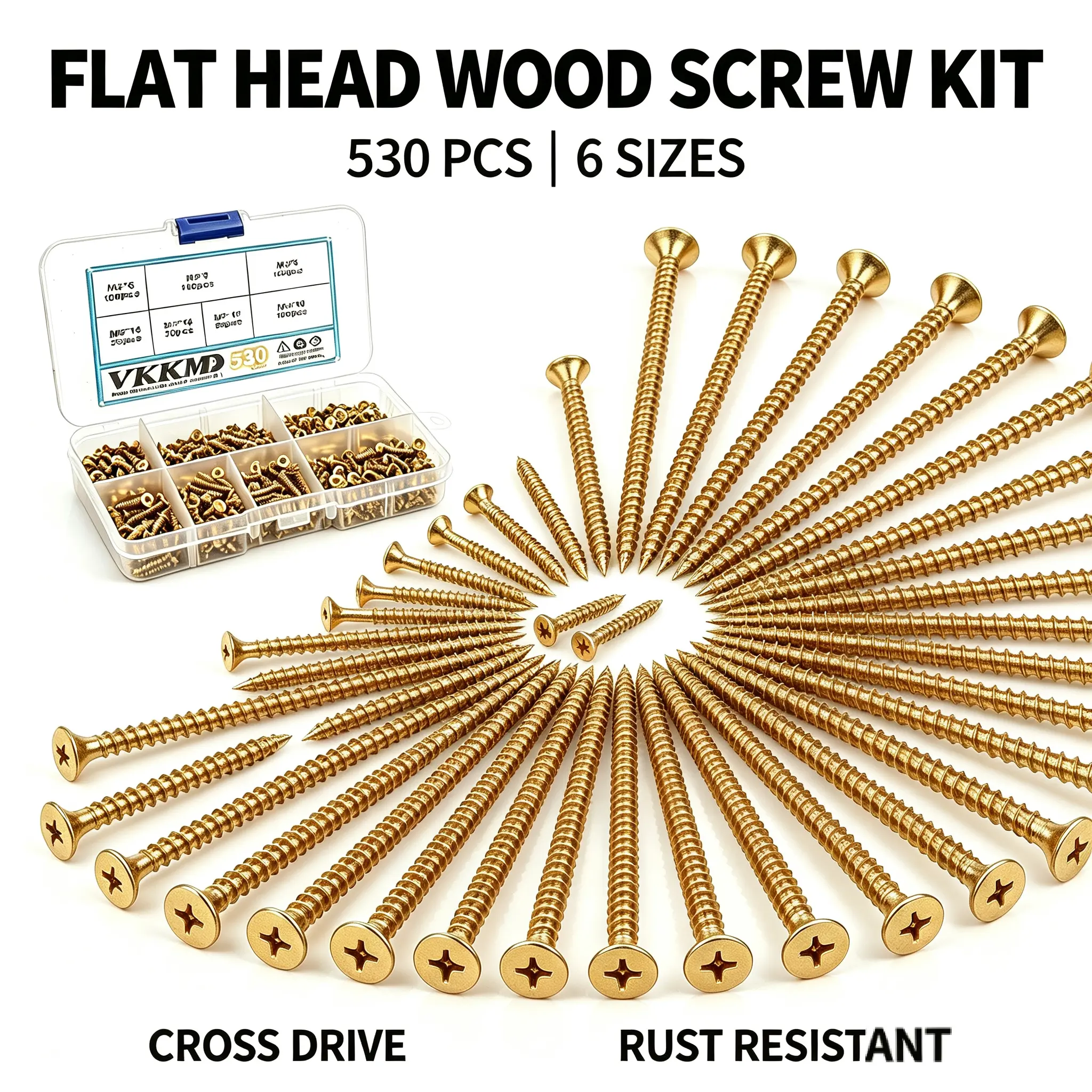 VKKM 530Pcs M3 Gold Self Tapping Wood Screws Assortment Kit, 7 Sizes M3×5/6/8/10/12/14/16mm Phillips Countersunk Head Drywall Screws with Storage Box for Furniture, Woodworking, DIY Projects
