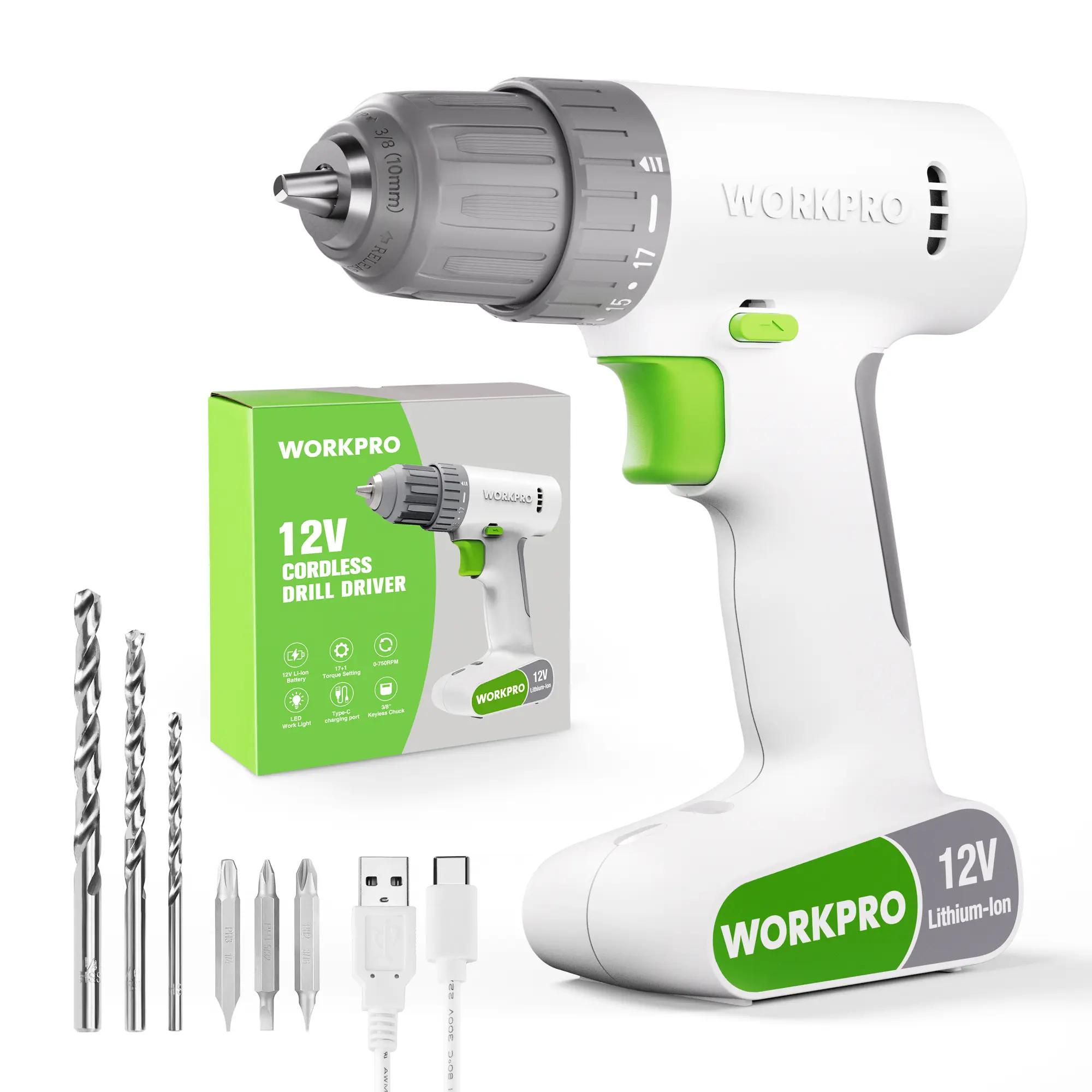 #BacktoSchool WORKPRO 12V Cordless Drill Driver Set, Electric Power Drill Tool Kit with 6 Pcs Bits, 3/8-Inch Keyless Chuck, Variable Speed, 18 Touque Setting, Type-C Charge Cable, Led Light